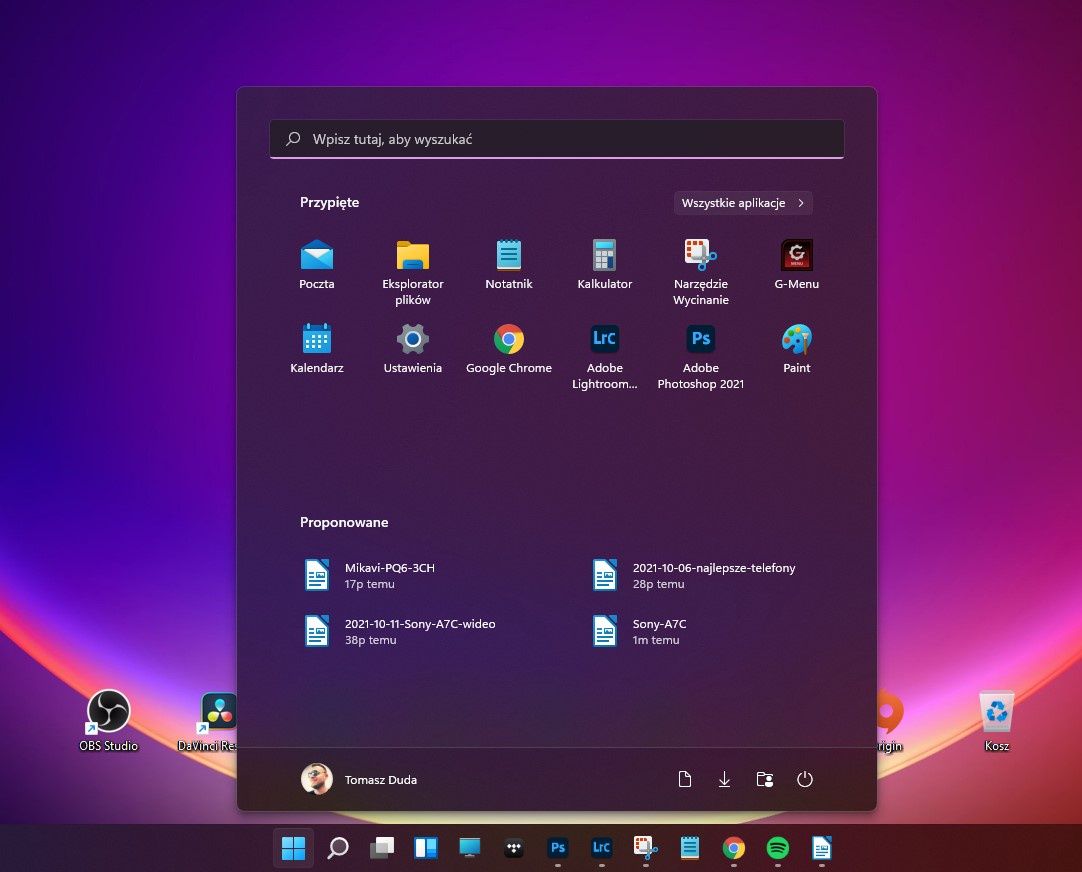 Windows 11 przezroczyste menu start