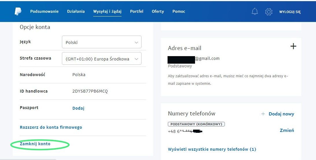 opcja zamknięcia konta pp