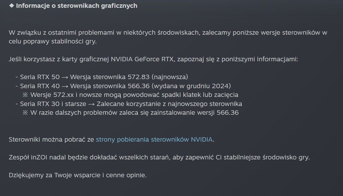 GeForce RTX 4000 - problemy ze sterownikami w inZoi