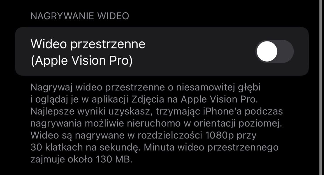 Nagrywanie wideo przestrzennego iOS 17.2