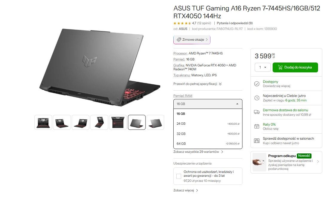 ASUS TUF Gaming A16 - cena dopłaty do pamięci RAM