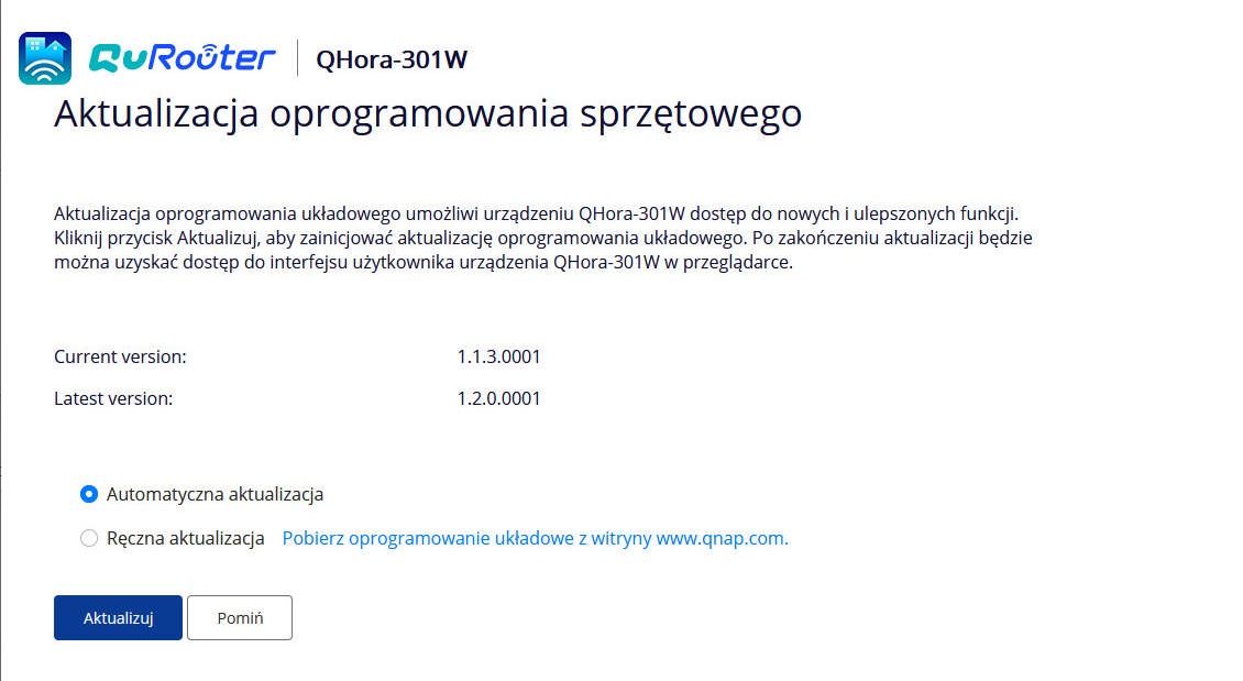 QNAP QHora-301W -  konfiguracja umożliwia od razu aktualizację