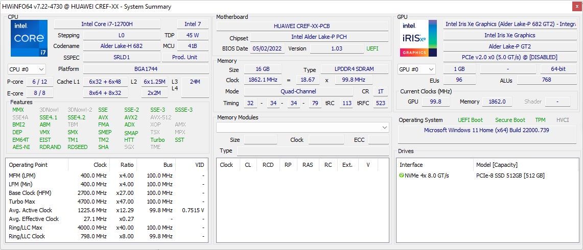 Huawei MateBook D 16 - HWInfo
