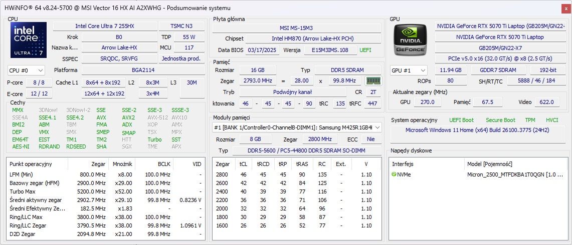 MSI Vector 16 HX AI - hwinfo