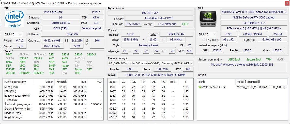 MSI Vector GP76 - HWInfo