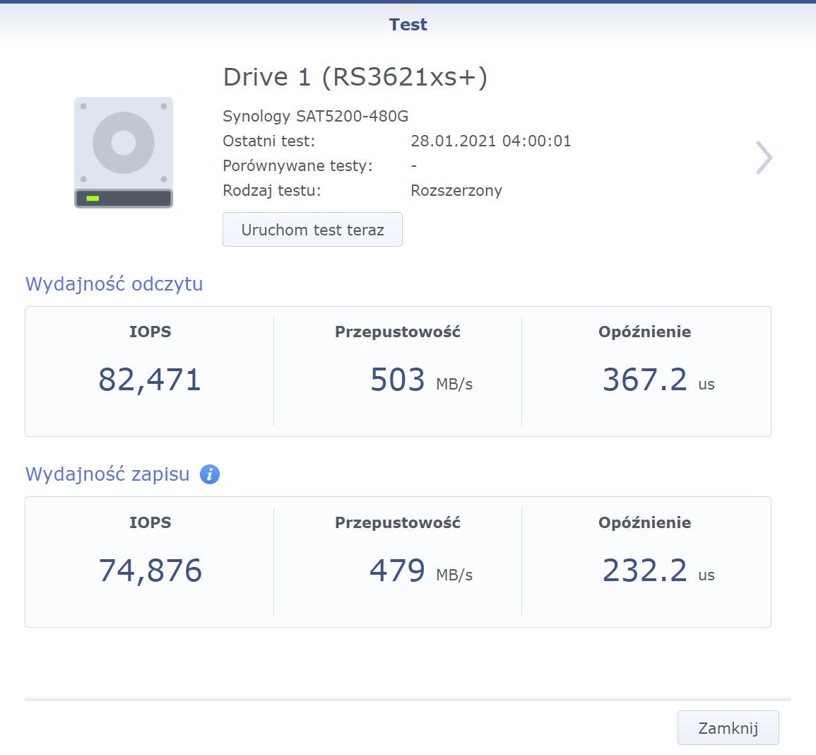Synology SAT5200 480 GB test szybkości dysku w systemie DSM