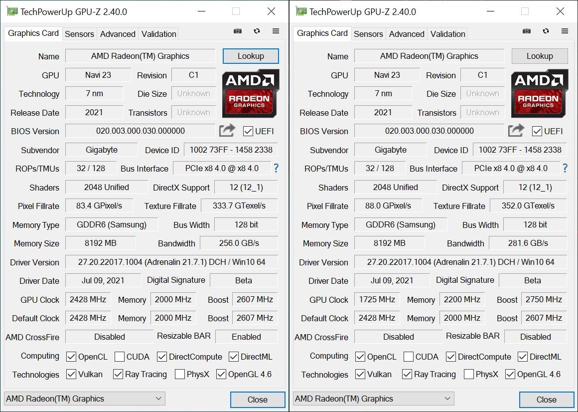 Gigabyte Radeon RX 6600 XT Gaming OC PRO 8G - OC (GPU-Z)