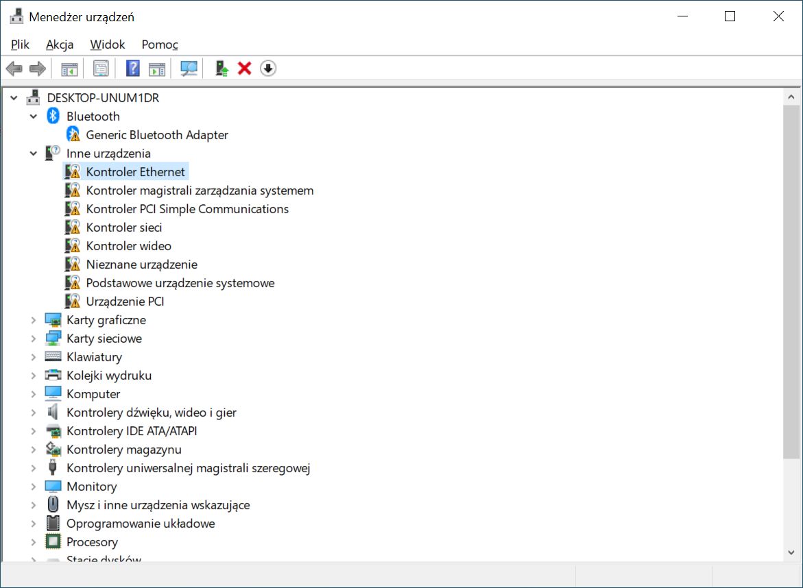 Menadżer urządzeń po instalacji systemu - brak sterowników do karty sieciowej