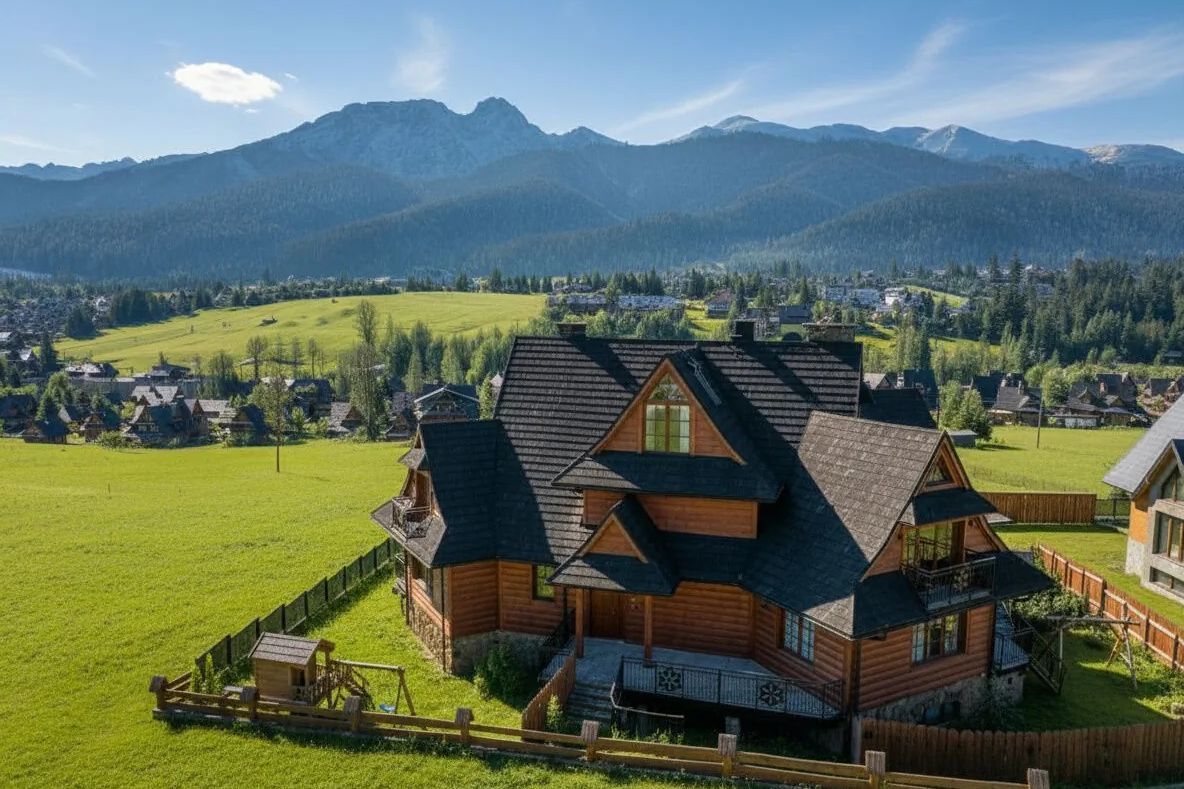 Góralska willa na Podhalu otoczona łąką, z majestatyczną panoramą Giewontu pod błękitnym niebem.