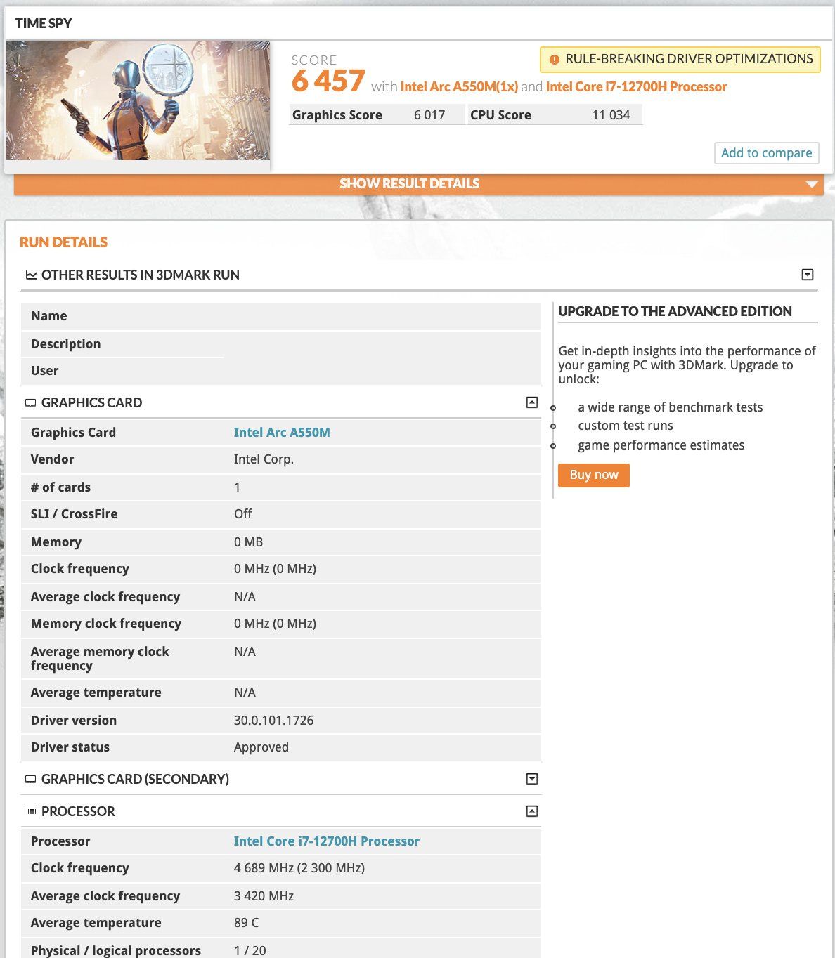 Intel Arc A550M - wydajność w 3DMark Time Spy