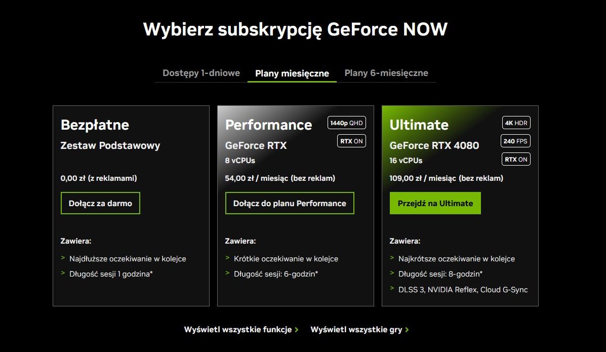 GeForce NOW - dostępne abonamenty