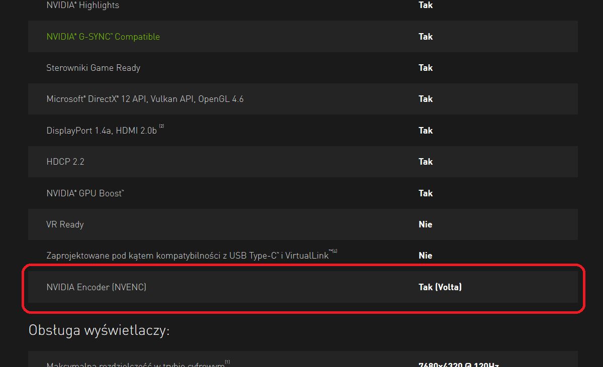 Nvidia GeForce GTX 1650 - specyfikacja NVENC