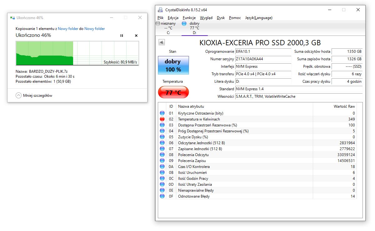 Kioxia Exceria Pro 2TB - temperatury dysku