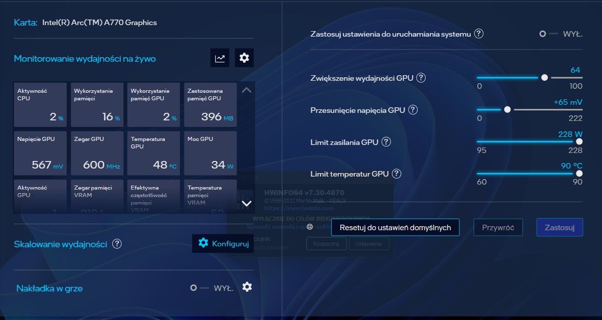 Intel ARC A770 Limitet Edition - podkręcanie