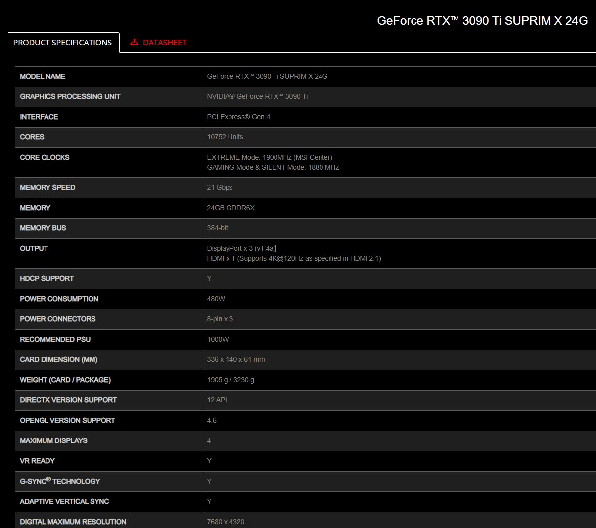 MSI GeForce RTX 3090 Ti Suprim X 24G - specyfikacja karty graficznej