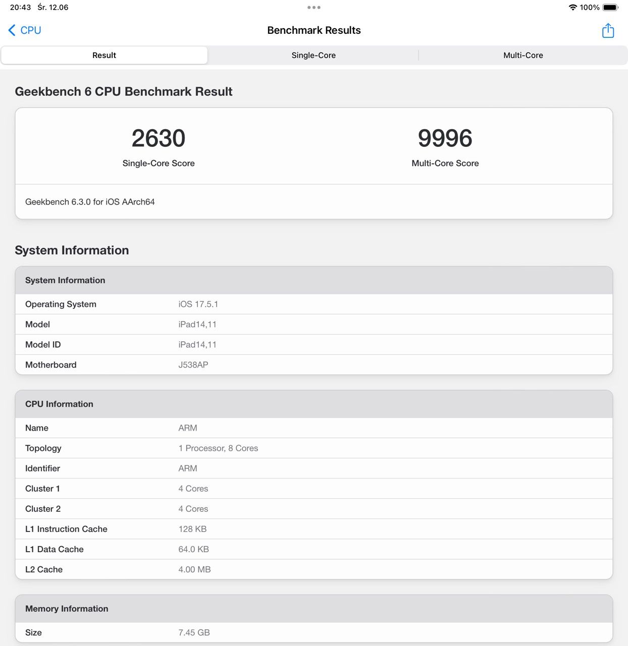 iPad Air m2 geekbench 6