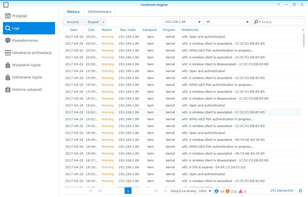Informacje z ASUSA RP-AC53 widoczne w syslogu Synology DS916+