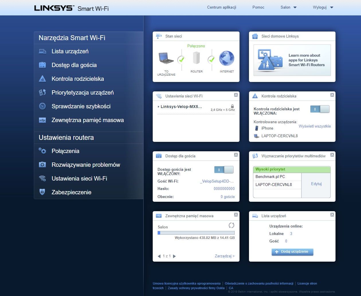 Linksys Velop Whole Home Mesh WiFi 6 MX5300-EU - panel sterowania w przeglądarce