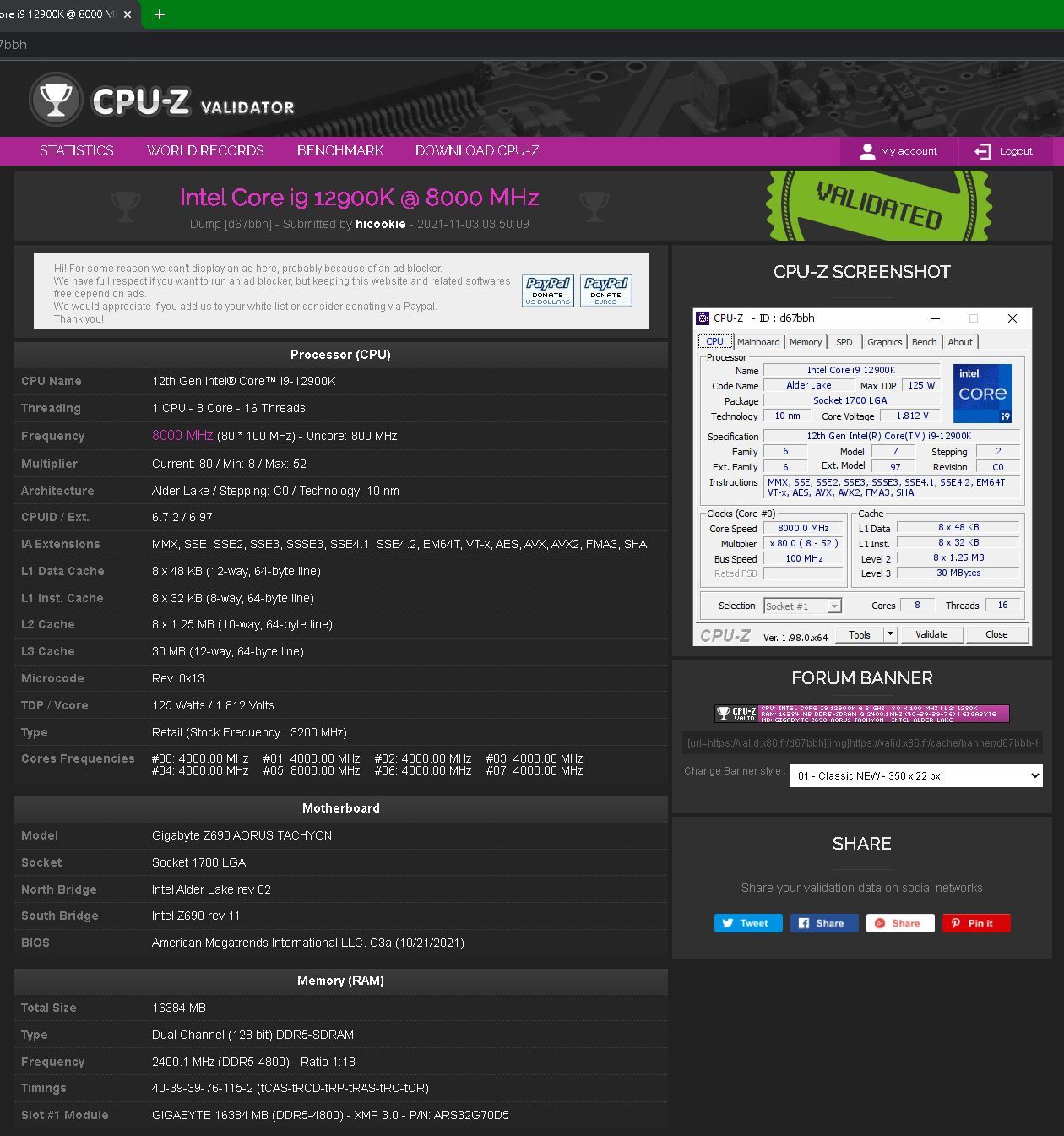 Intel Core i9-12900K - rekord podkręcania procesora 8000 MHz