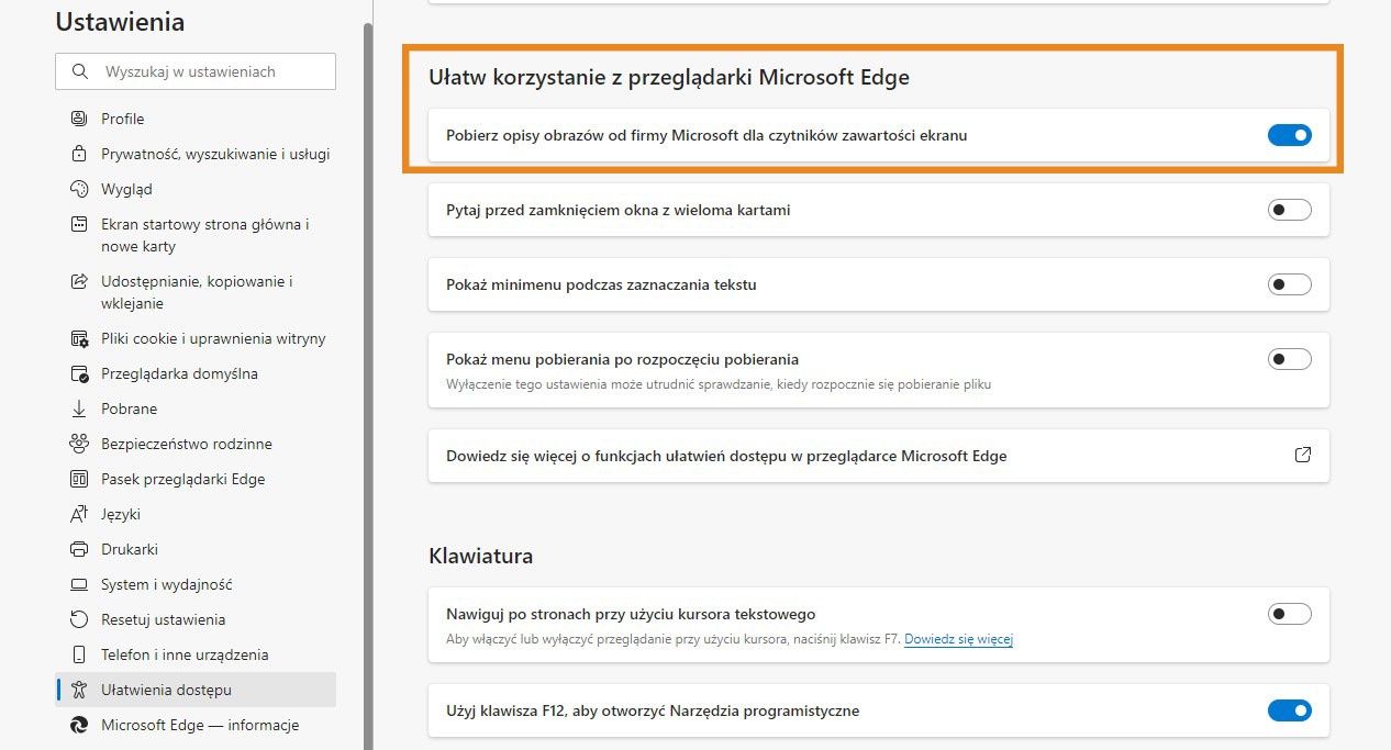 opisy obrazów Microsoft Edge