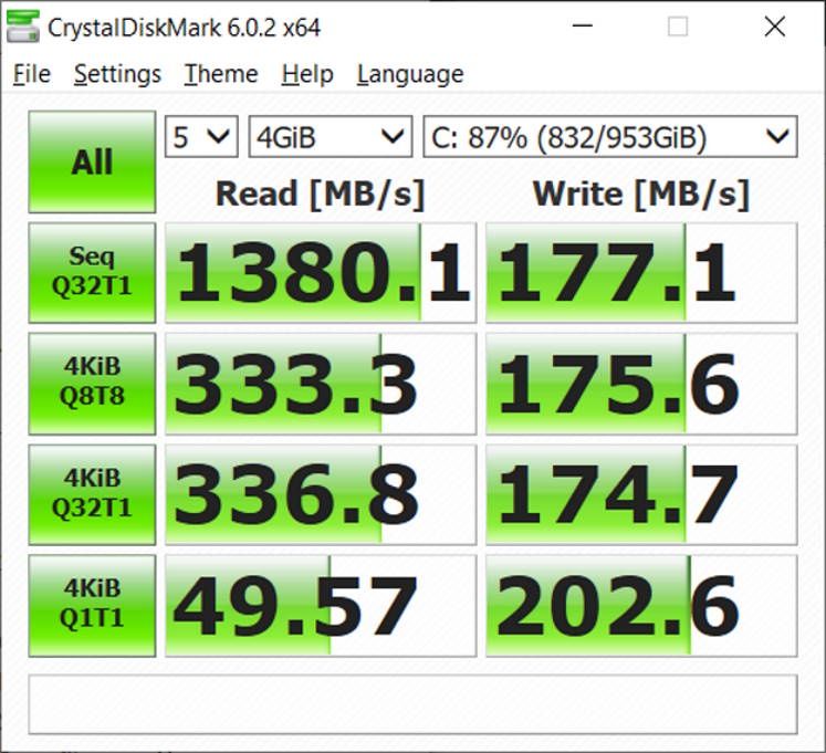 Acer Nitro 5 - test dysku w CrystalDiskMark przy dużym zapełnieniu
