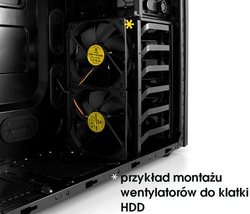 dwa wentylatory przymocowany do koszyka na dyski w obudowie SilentiumPC Regnum L50 Pure Black