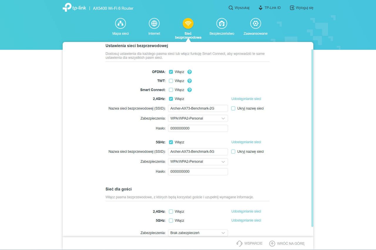 TP-Link Archer AX73 - panel w przeglądarce ustawienia podstawowewi-fi