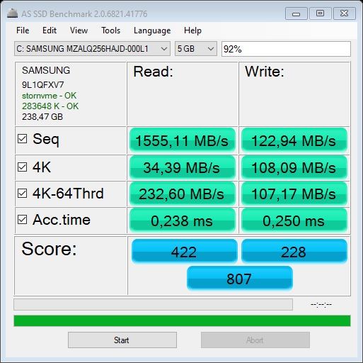 Lenovo V55t - pomiar AS SSD powyżej 90% zapełnienia