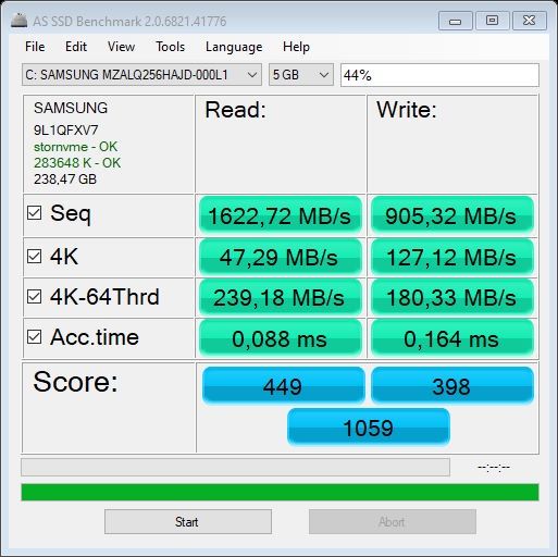 Lenovo V55t - pomiar AS SSD poniżej połowy zapełnienia