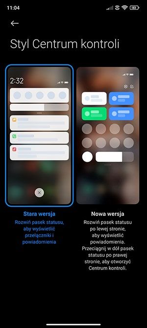 styl centrum kontroli MIUI