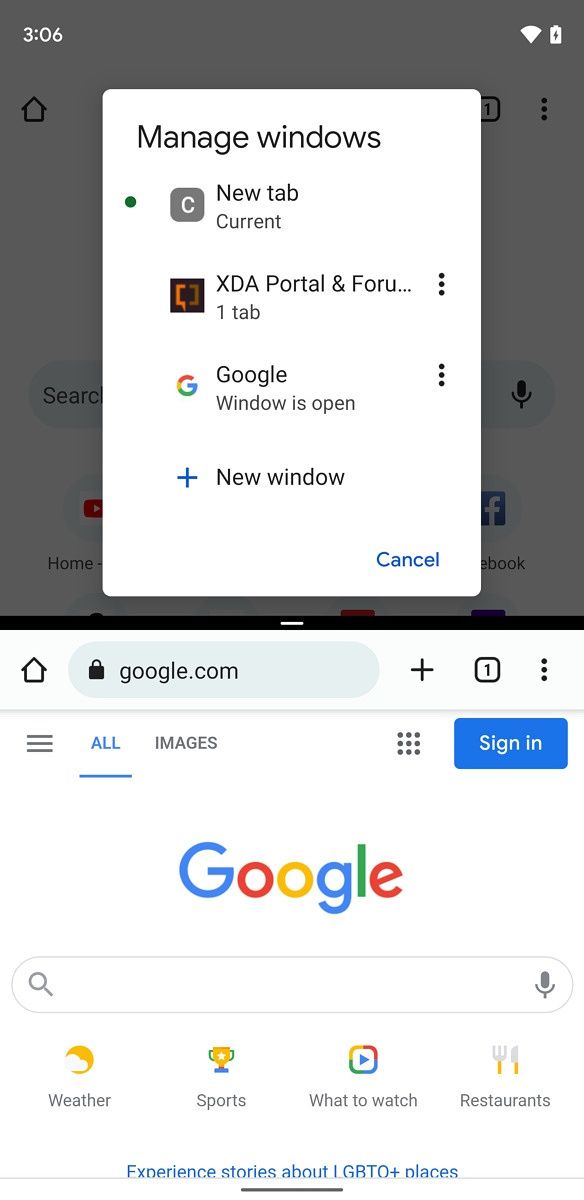 Okna w przeglądarce Google Chrome na Android 12
