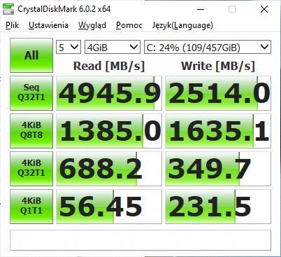 MSI Prestige 14 Evo - test CystalDiskMark niska zajętość