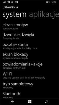 menu ustawień