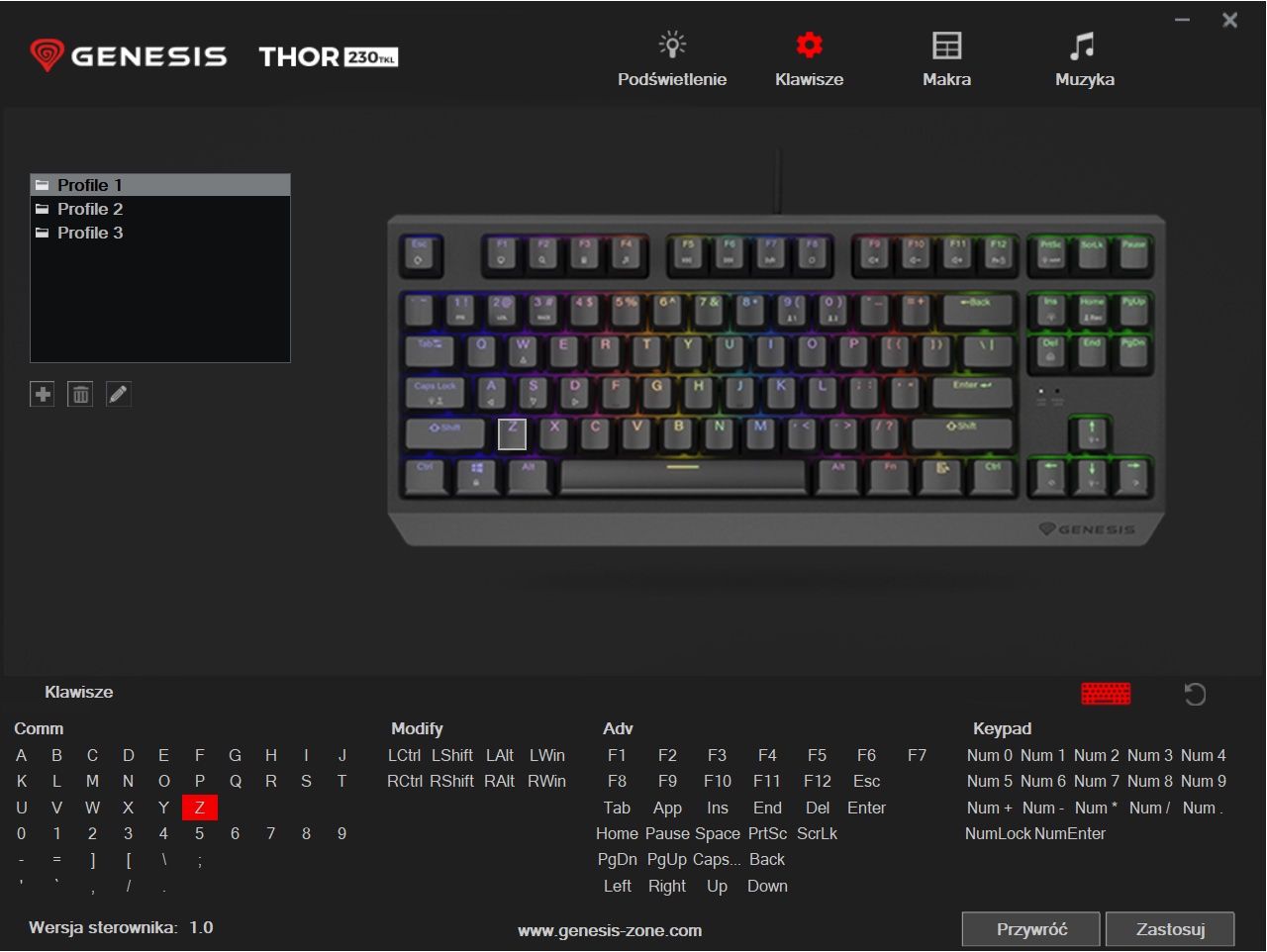 Genesis Thor 230 TKL - aplikacja i programowanie klawiszy