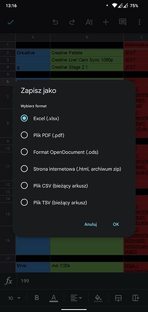Edycja arkusza kalkulacyjnego na telefonie