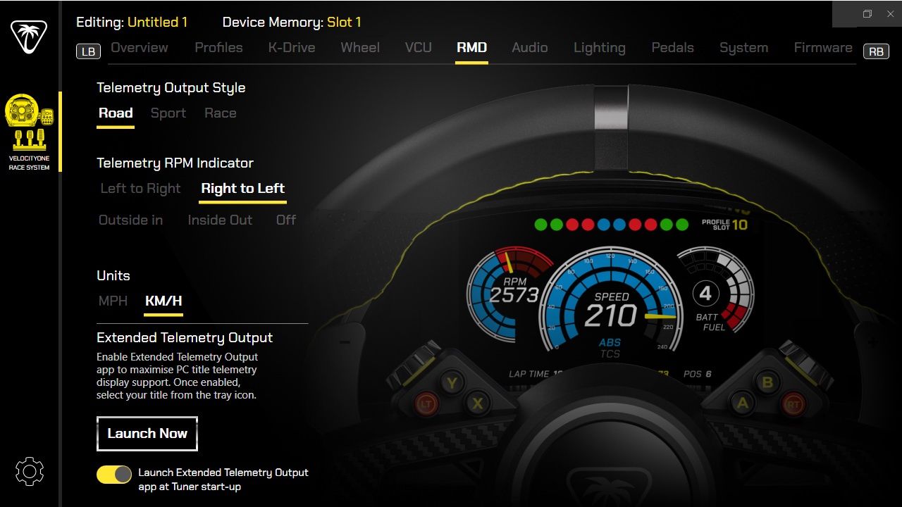 Turtle Beach VelocityOne Race - ustawienia telemetrii w aplikacji Tuner