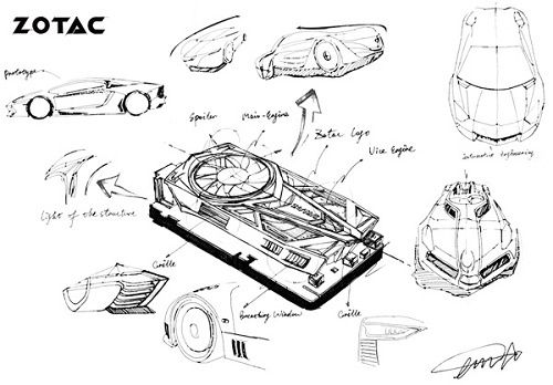 koncepcyjne rysunki podczas projektowania karty graficznej Zotac GTX 560 Destroyer DTC