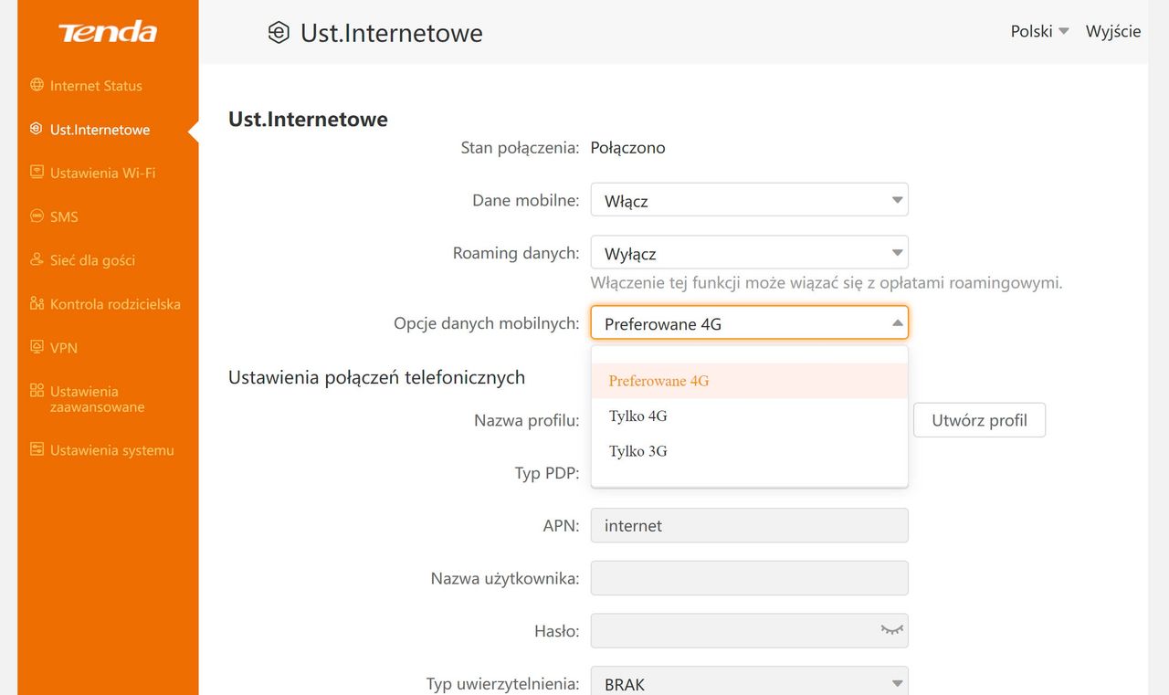Tenda 4G07 - panel w przeglądarce - ustawienia