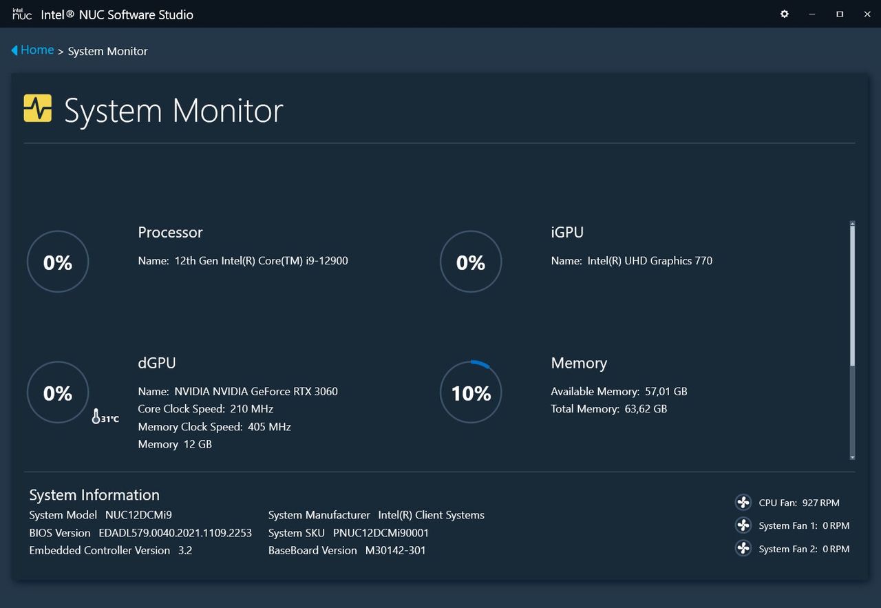 Intel NUC Extreme 12th - aplikacja - monitor wydajności