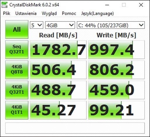 Lenovo V55t - pomiar CrystalDiskMark poniżej połowy zapełnienia