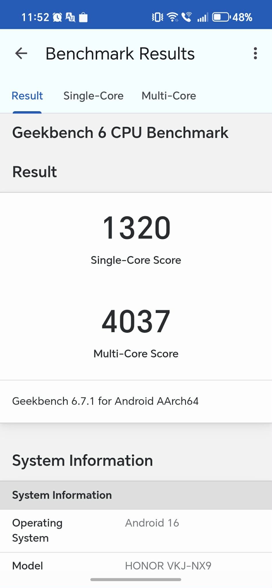 Wyniki wydajności Honor 600
