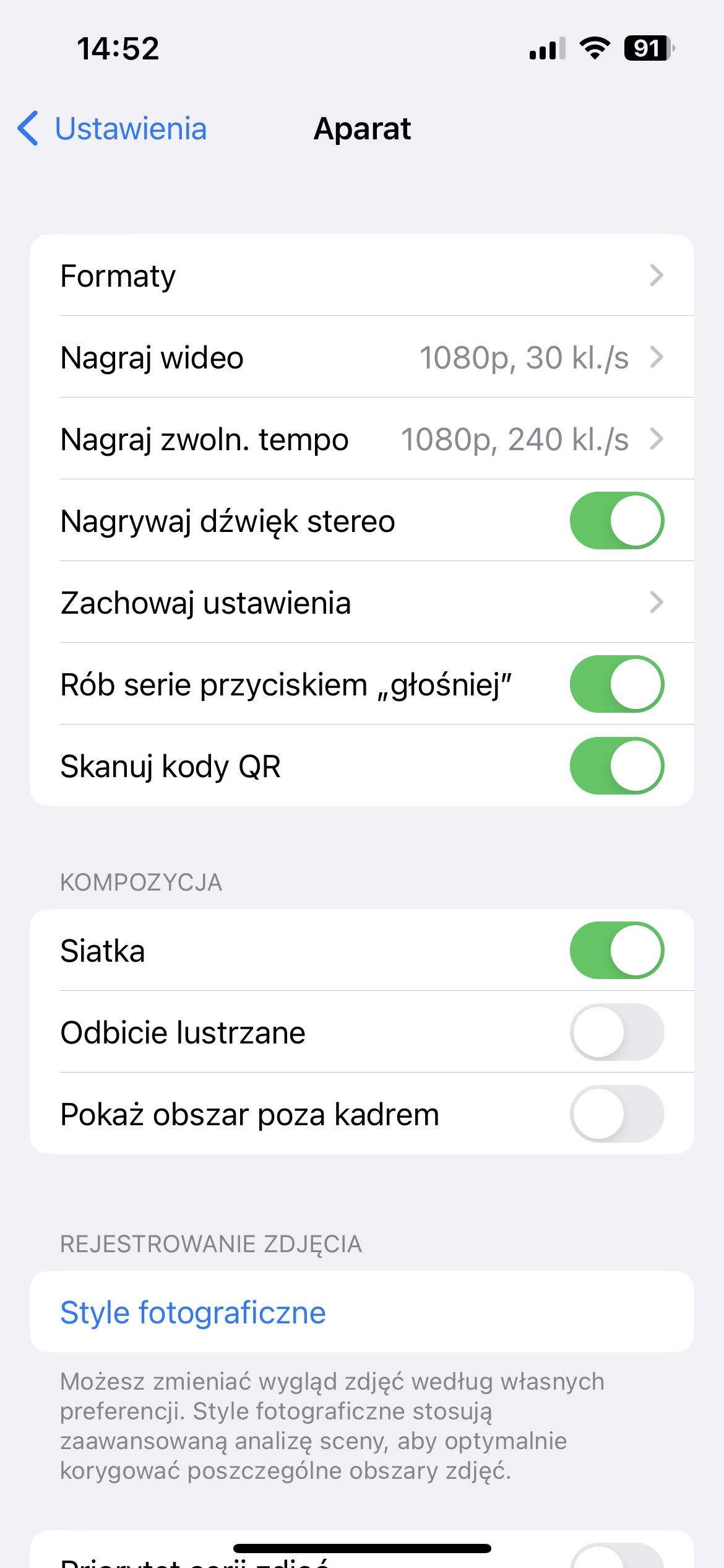 iPhone aparat: ustawienia