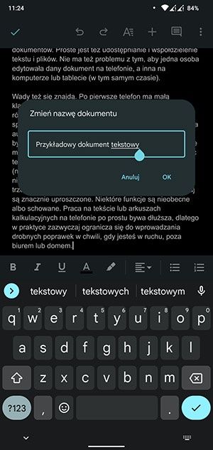 Edycja dokumentu tekstowego na telefonie