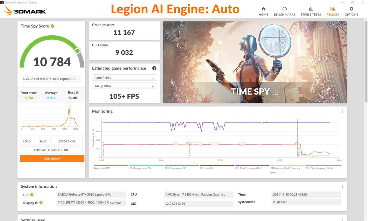 Lenovo Legion 7 z 2021 roku - wydajność w trybie auto