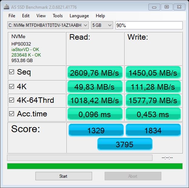 HP Spectre X360 14 - wyniki AS SSD zapełniony dysk