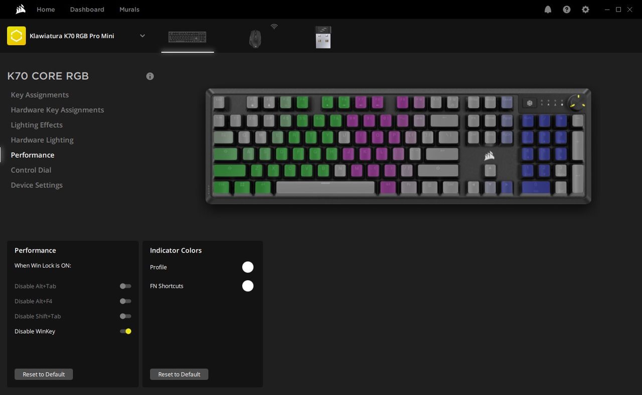 Corsair K70 Core - wyłączenia skrótów klawiszowych