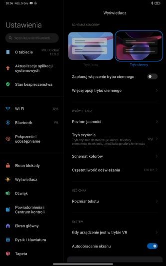 Xiaomi Pad 5 wyświetlacz ustawienia