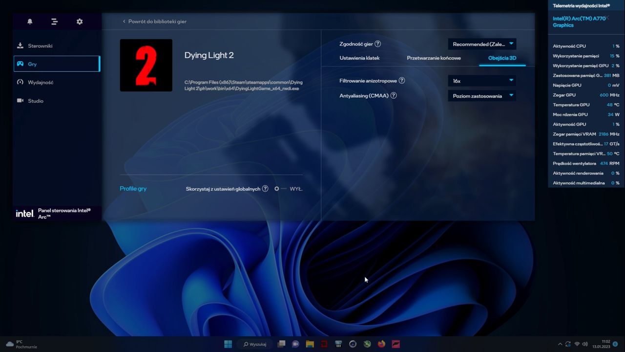 Intel ARC A770 Limitet Edition - panel sterowania - profile gier