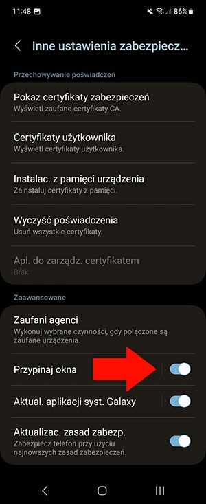 przypinanie aplikacji Samsung