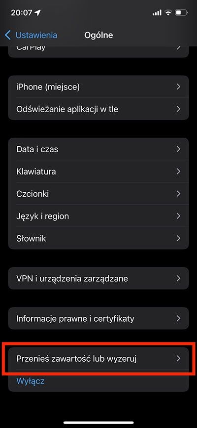 przenieś zawartość lub wyzeruj